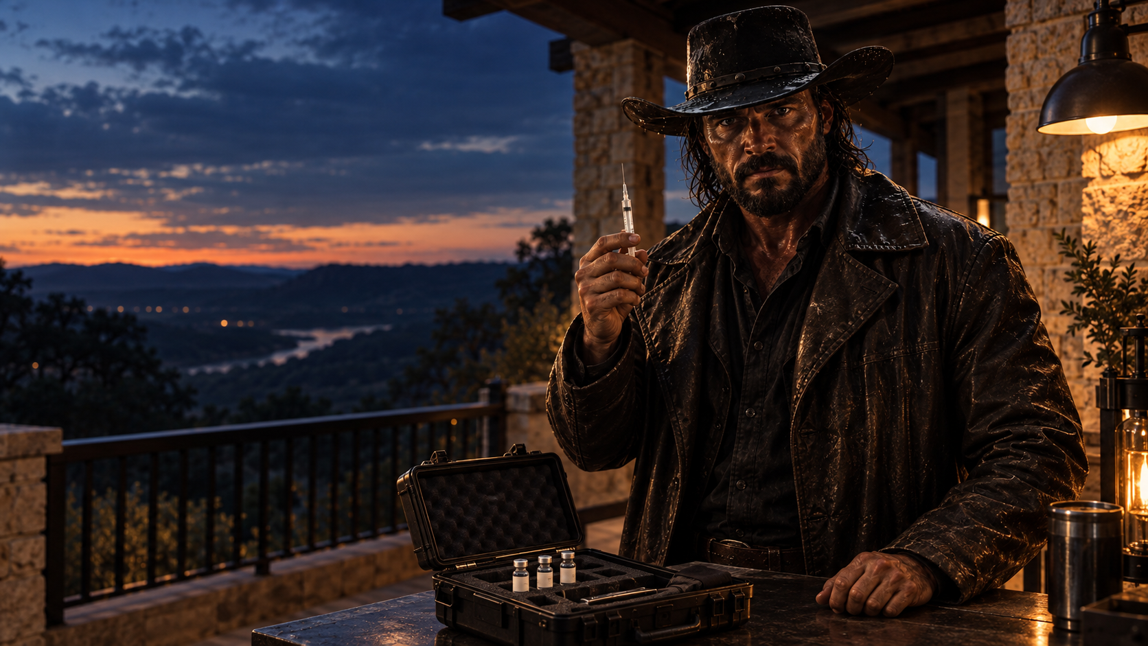 Cowboy standing beside an open case of vials on a ranch porch at dusk