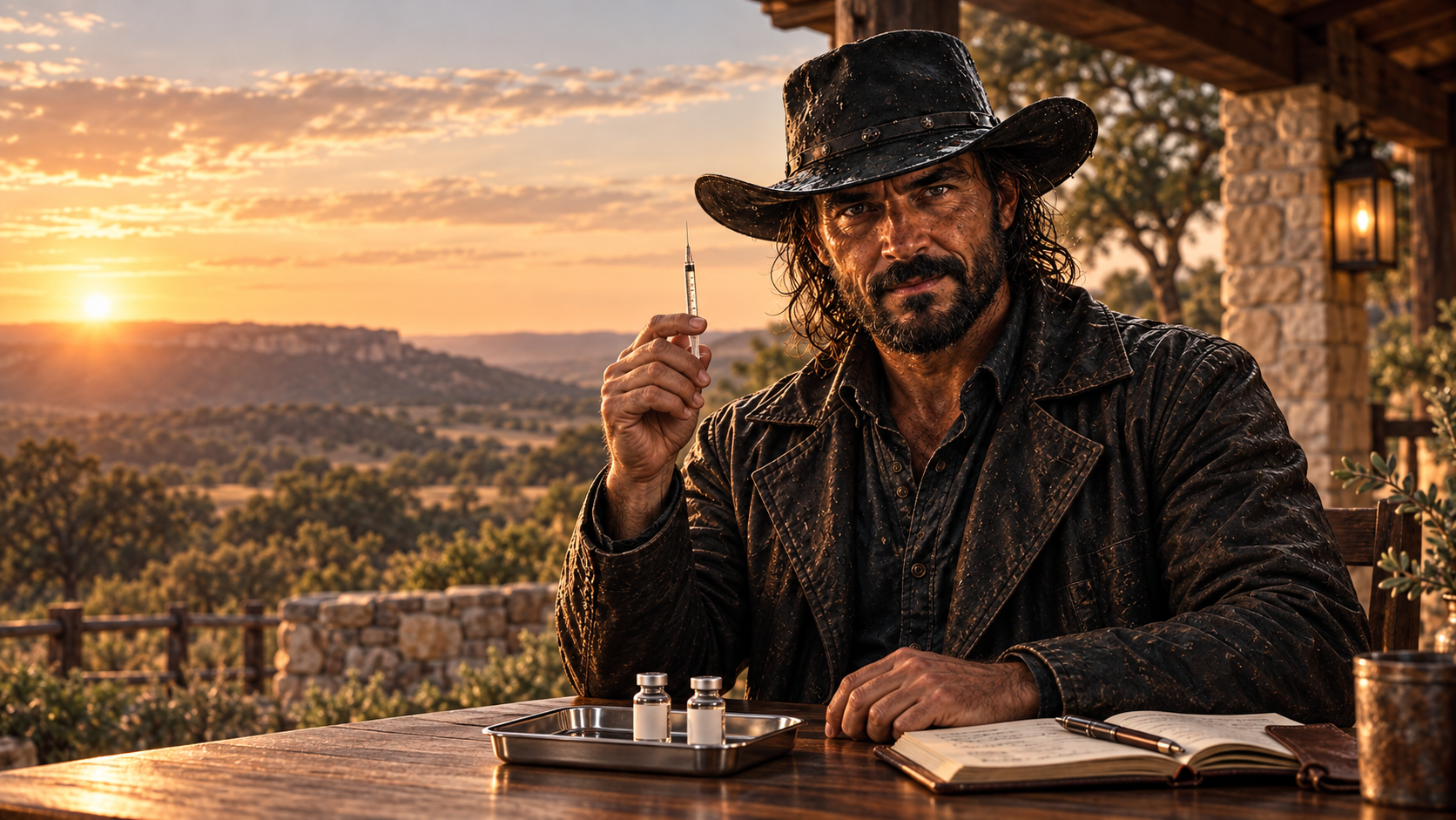 Cowboy seated at a ranch table at sunset, holding a syringe beside vials and an open notebook