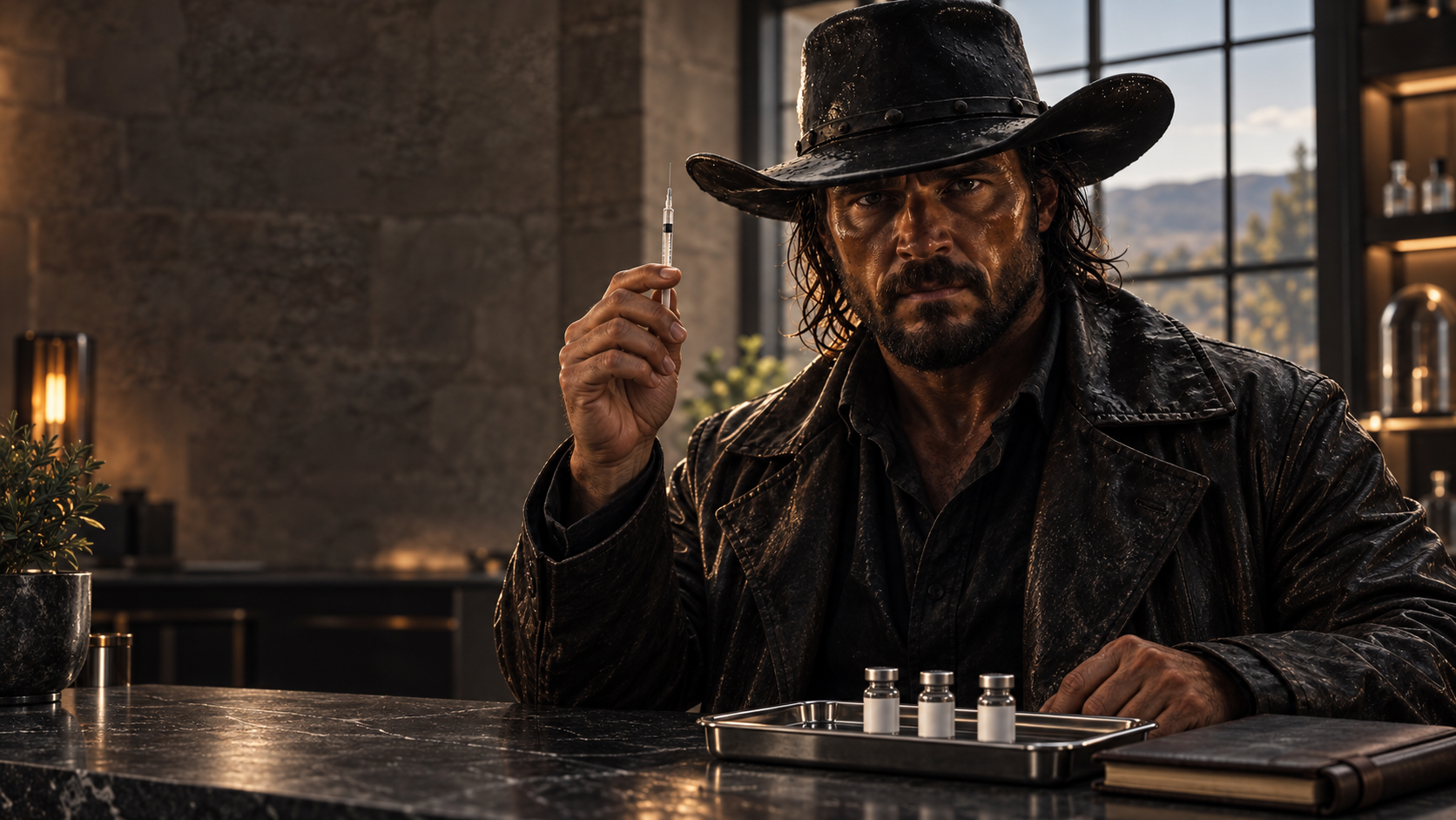Cowboy holding a syringe beside a tray of vials on a dark counter