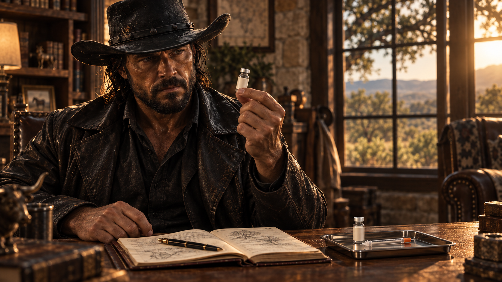 Cowboy examining a vial beside an open notebook in a sunlit study