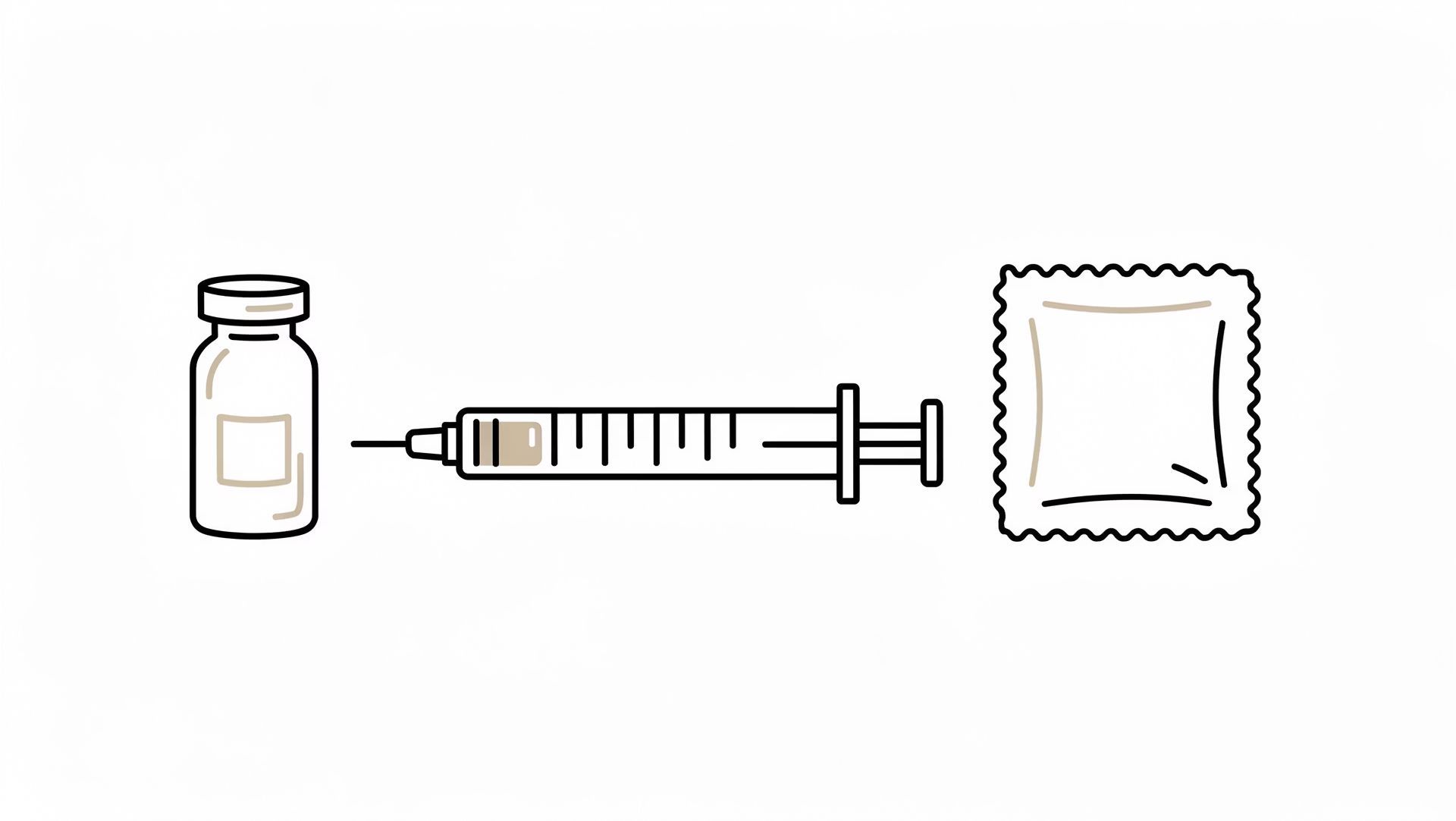 Line illustration of a vial, syringe, and alcohol swab